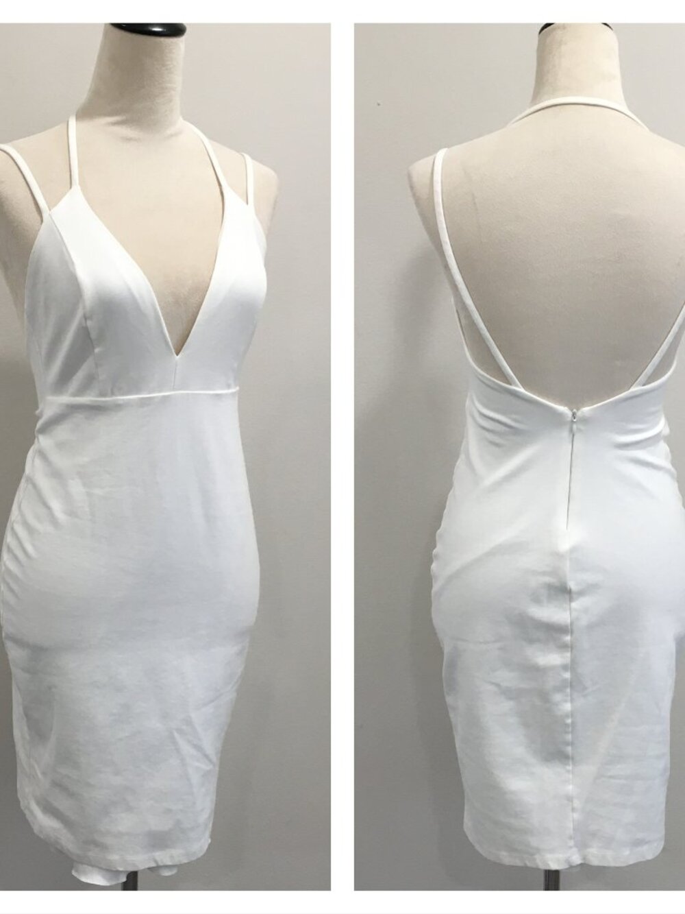 LULU'S White Double Strap Low V Front Open Back Stretchy Bodycon Dress